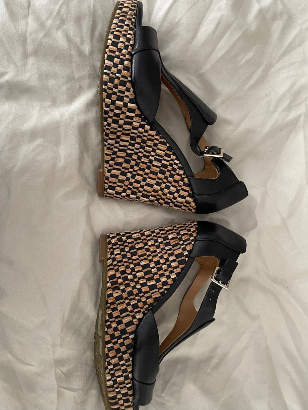 Elaine Turner Julia wedges in black leather with an optic basket weave pattern